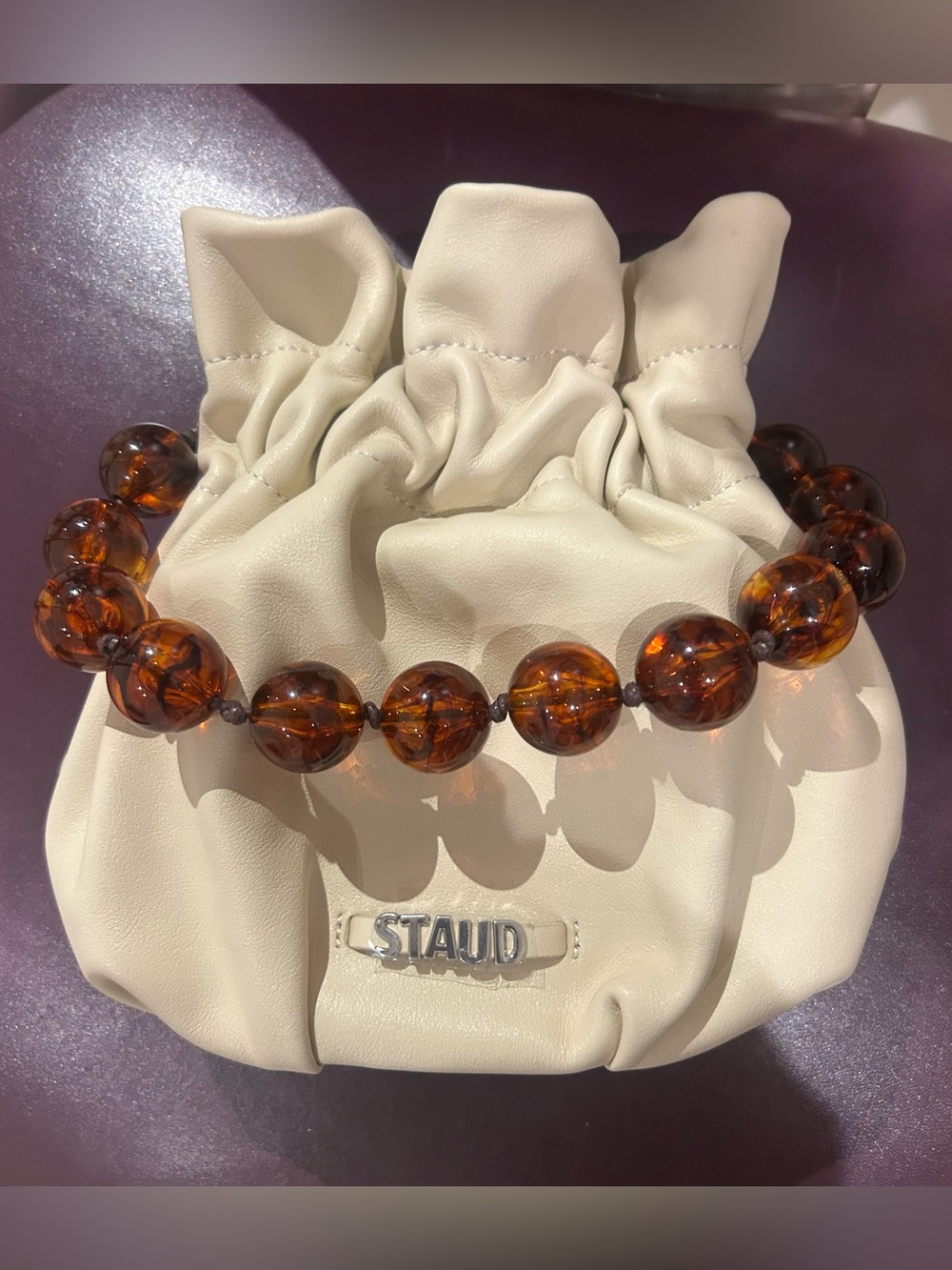 Staud Cream Leather Bag with Large bead Handle - Picture 3 of 4